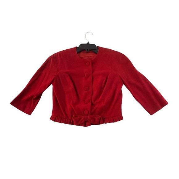 1950s Handmade Red Cropped Jacket XS Small Vintage Bow Trim Button Front - Picture 7 of 11